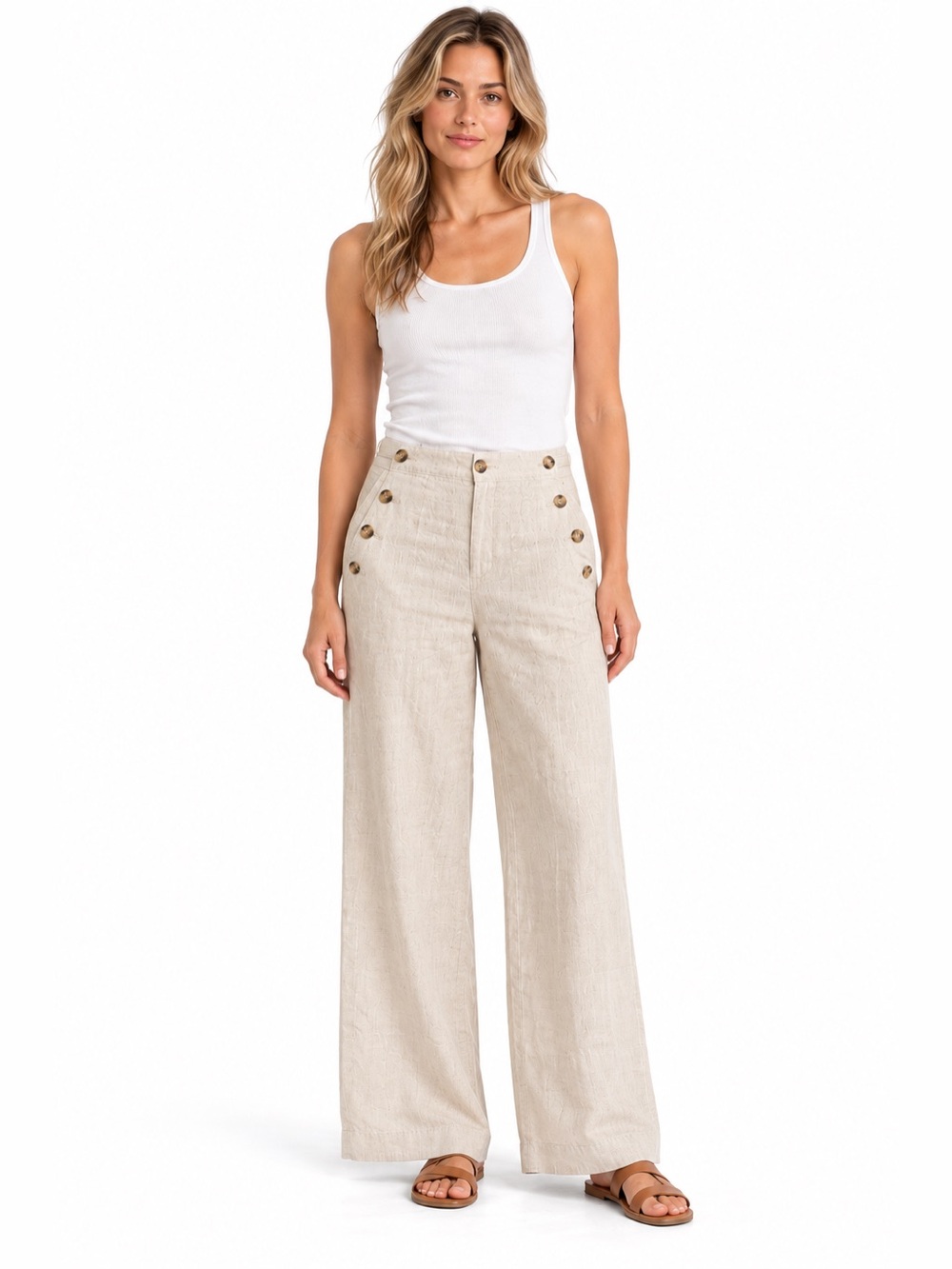 Sundance Oaklee Easy Pants 100% Linen Oatmeal Sailor Wide Leg Size 8 Petite NWT